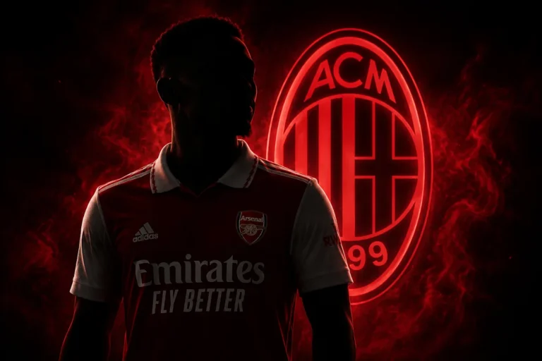 Giocatore in maglia Arsenal con logo neon Milan sullo sfondo