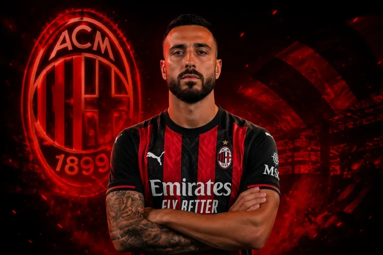 Mario Gila in maglia Milan con braccia incrociate, logo neon ACM sullo sfondo rosso