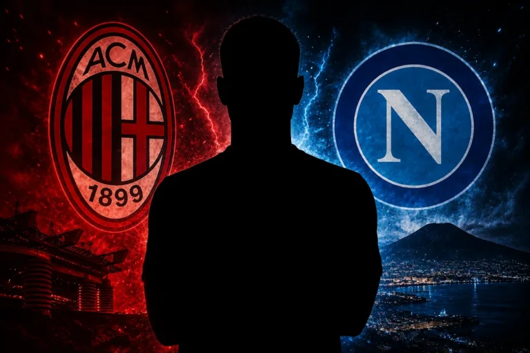 Silhouette di giocatore tra i loghi del Milan e del Napoli con sfondo stilizzato