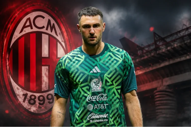 Gimenez con la maglia della nazionale messicana, sfondo con logo Milan