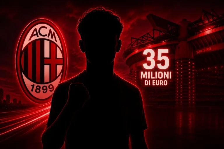 Silhouette di giocatore con logo Milan, stadio San Siro e valutazione 35 milioni di euro - calciomercato rossonero