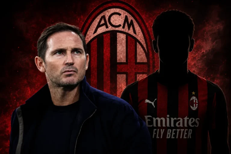 Frank Lampard in primo piano con lo stemma del Milan e un giocatore rossonero sullo sfondo