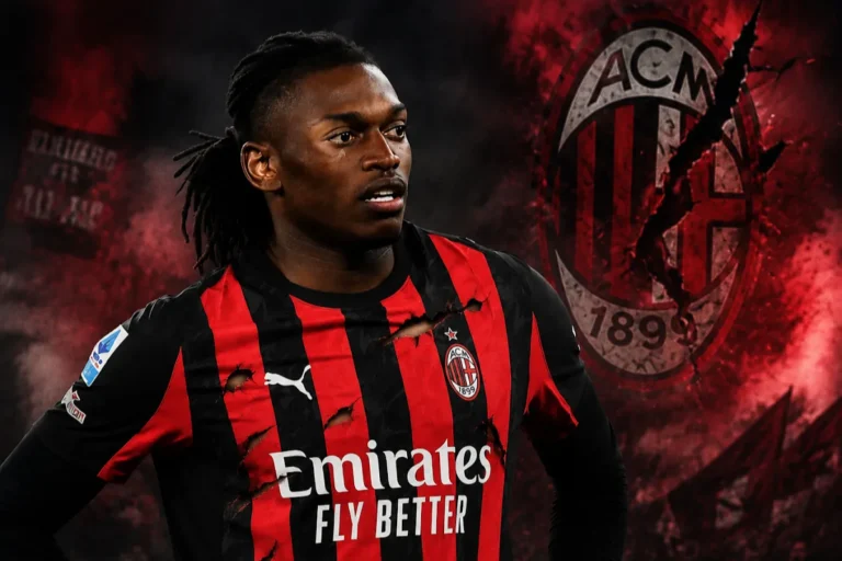 Rafael Leao in maglia Milan rossonera con lo stemma ACM sullo sfondo