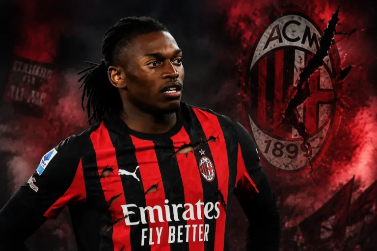 Rafael Leao in maglia rossonera del Milan con lo stemma dell'AC Milan sullo sfondo