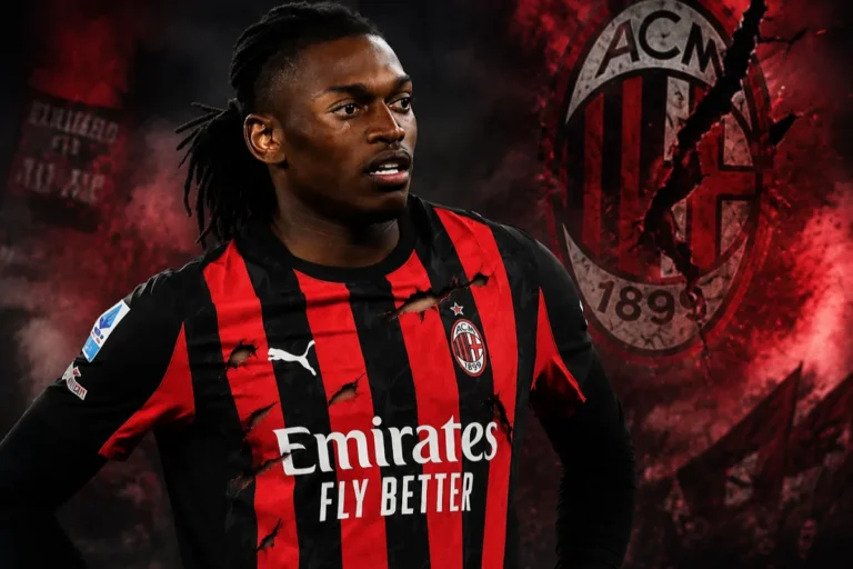 Rafael Leao in maglia Milan rossonera con lo stemma dell'ACM sullo sfondo