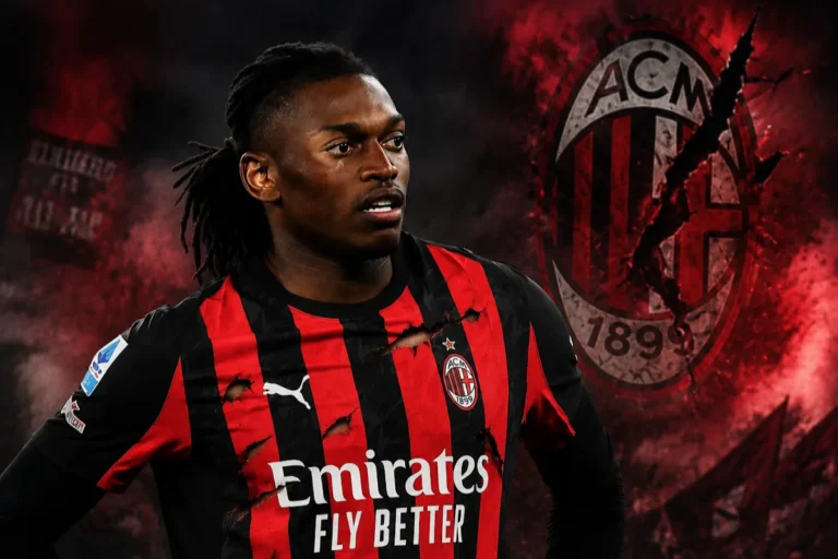 Rafael Leao in maglia rossonera del Milan, con lo stemma dell'AC Milan sullo sfondo
