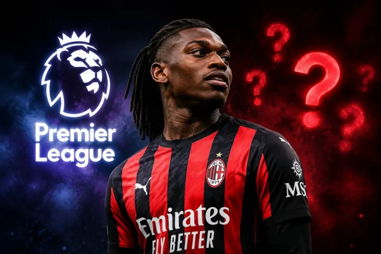 Rafael Leão in maglia Milan davanti al logo Premier League con punti interrogativi rossi, simbolo delle voci di mercato sul suo futuro