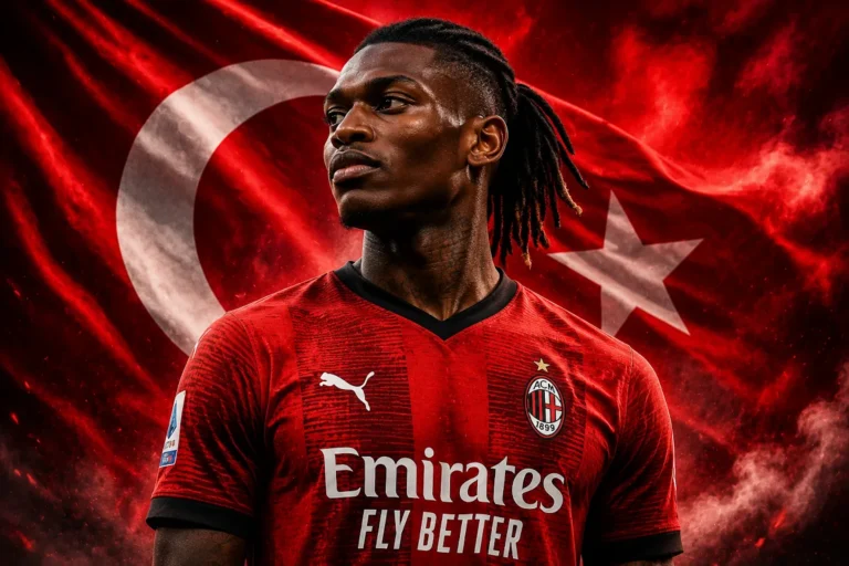 Rafa Leao in maglia Milan, ritratto con sfondo bandiera turca