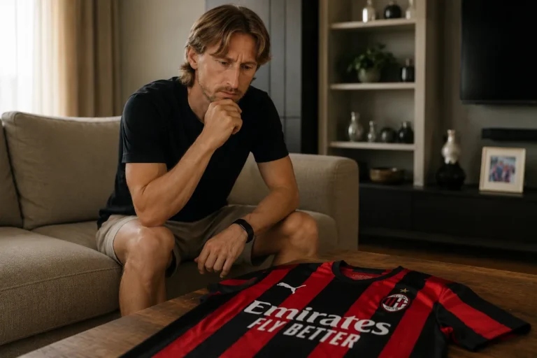 Luka Modrić seduto su un divano osserva pensieroso la maglia rossonera del Milan su un tavolo davanti a sé
