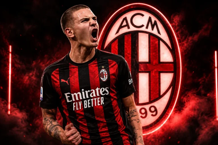 Mastantuono con maglia Milan celebra indossando la divisa rossonera con sponsor Emirates Fly Better