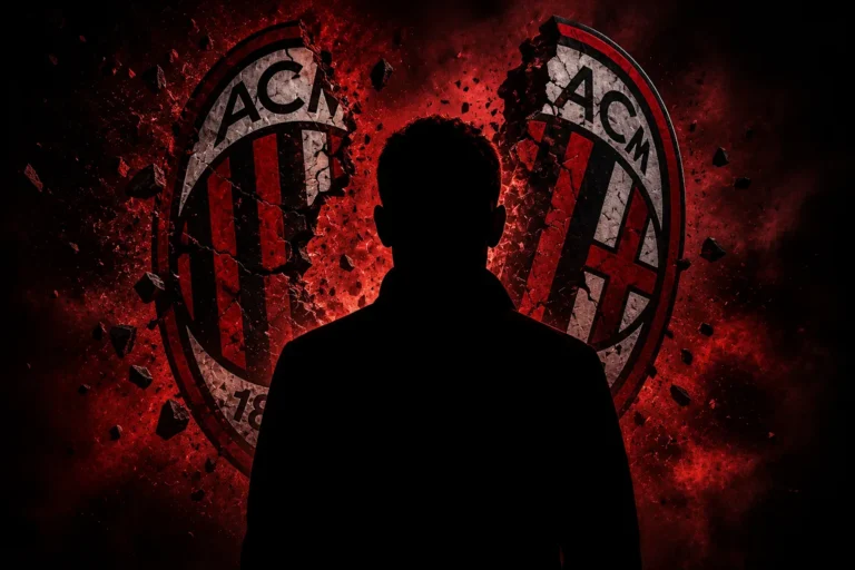 Silhouette di persona davanti ai loghi dell'AC Milan con effetto esplosivo rosso e nero