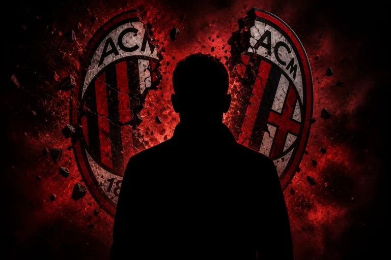 Silhouette davanti ai loghi AC Milan circondati da fiamme rosse, simbolo di affare di mercato saltato