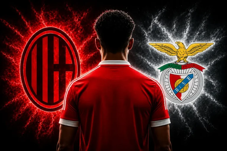 Giocatore di spalle in maglia Milan rossonera di fronte ai loghi del Milan e Benfica con effetti grafici luminosi