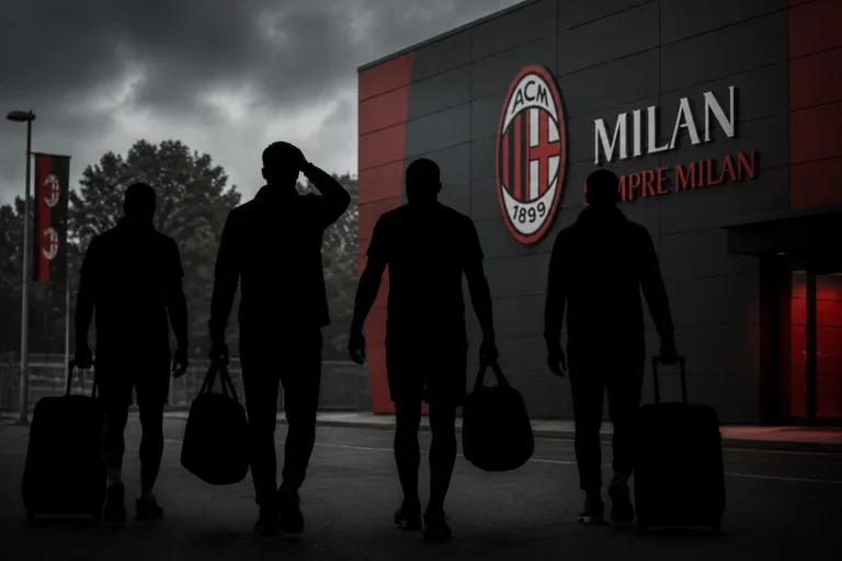 Quattro figure in silhouette con valigie davanti a Casa Milan, simbolo delle cessioni nel calciomercato rossonero