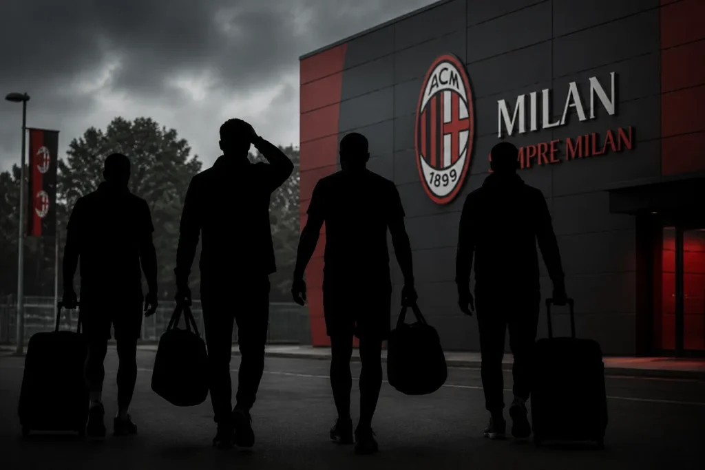 Quattro giocatori del Milan con valigie davanti allo stadio, silhouette simbolica del mercato in uscita