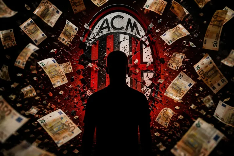Silhouette di figura con lo stemma ACM del Milan circondato da banconote da 50 euro, simbolo del mercato calcistico