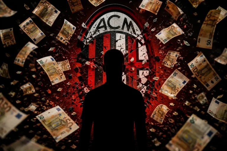 Silhouette di giocatore davanti allo stemma AC Milan circondato da banconote da 50 euro, simbolo del mercato calcistico