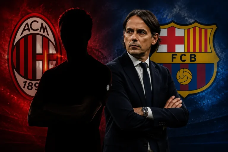 Inzaghi in abito scuro con le braccia incrociate davanti ai loghi di Milan e Barcellona