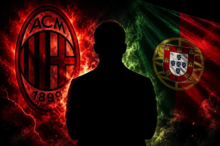 Silhouette di giocatore tra lo stemma del Milan e la bandiera del Portogallo con il logo della Benfica