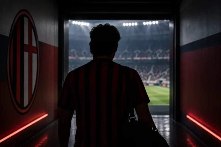 Silhouette di un giocatore del Milan nel tunnel dello stadio osserva il campo illuminato durante una partita