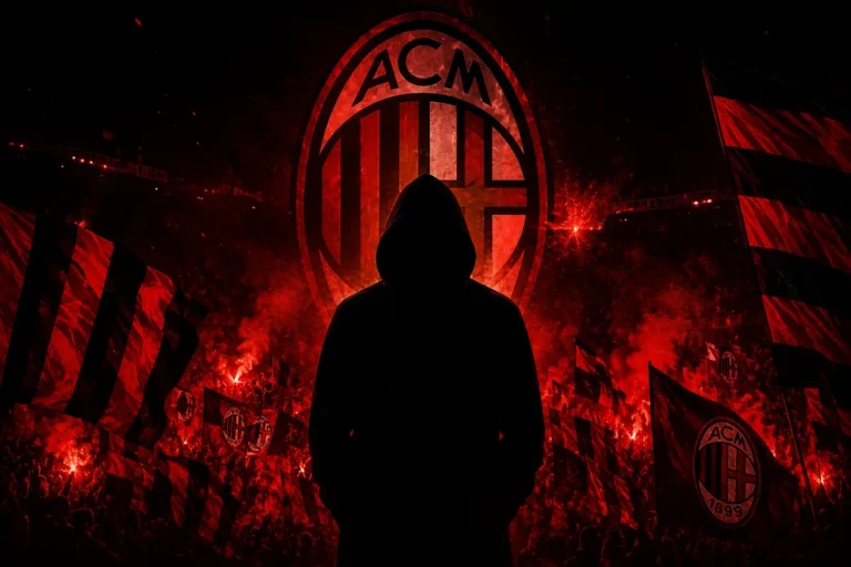 Silhouette di calciatore davanti allo stemma del Milan illuminato, con bandiere rossonere sullo sfondo