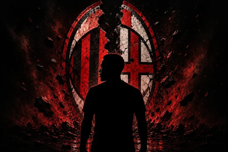 Silhouette di calciatore davanti allo stemma del Milan con effetti grafici di fuoco e esplosione