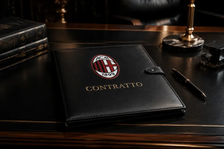 Cartella contrattuale AC Milan con logo rossonero e scritta CONTRATTO su scrivania elegante