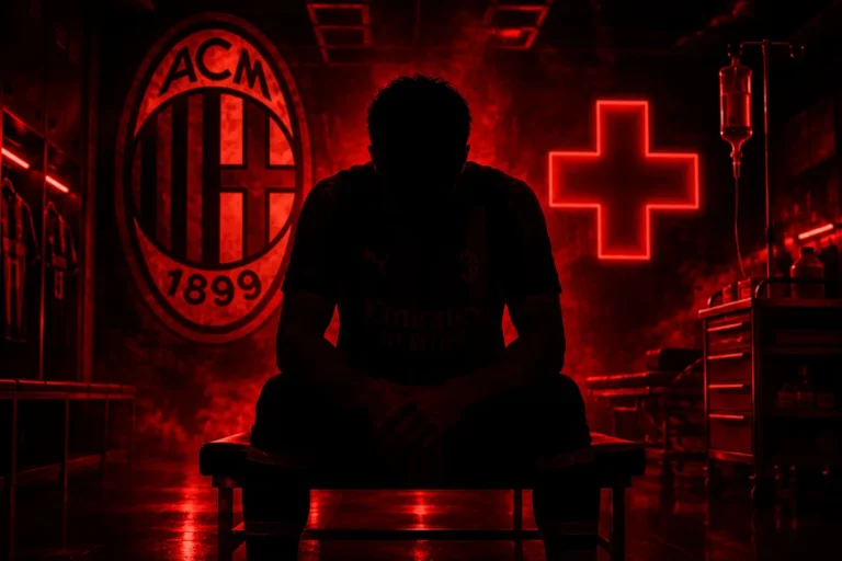 Silhouette di un calciatore del Milan seduto in panchina con lo stemma rossonero illuminato in neon sullo sfondo