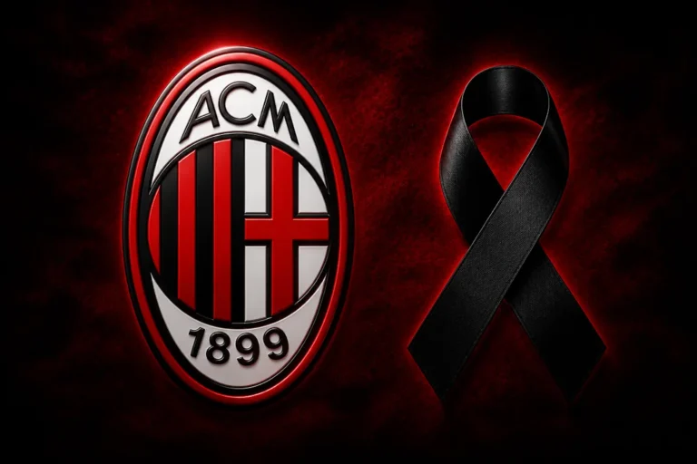 Logo AC Milan con stemma rossonero e nastro nero di lutto su sfondo rosso