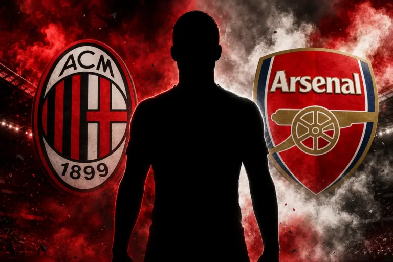 Silhouette di giocatore tra i loghi di Milan e Arsenal su sfondo rosso con effetti di fumo