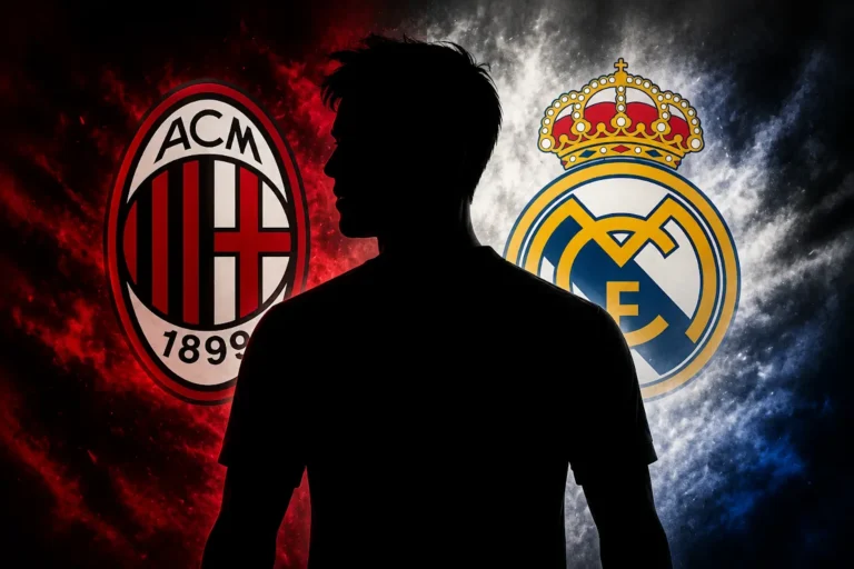 Silhouette di giocatore tra i loghi di Milan e Real Madrid con sfondo rosso e blu, rappresentando il mercato calcistico