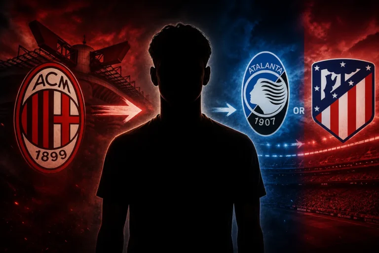 Silhouette di calciatore tra i loghi del Milan, Atalanta e Atletico Madrid in una grafica di calciomercato
