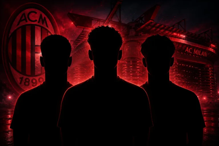 Tre giocatori in silhouette davanti allo stadio San Siro del Milan illuminato di rosso di notte