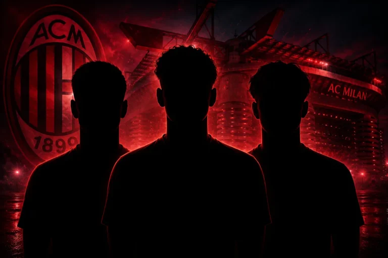 Tre giocatori in silhouette davanti allo stadio San Siro illuminato in rosso, con logo ACM del Milan visibile sullo sfondo