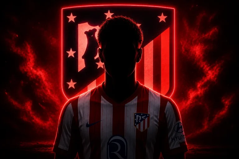 Silhouette di giocatore in maglia Atletico Madrid con scudo neon rosso e stelle sullo sfondo