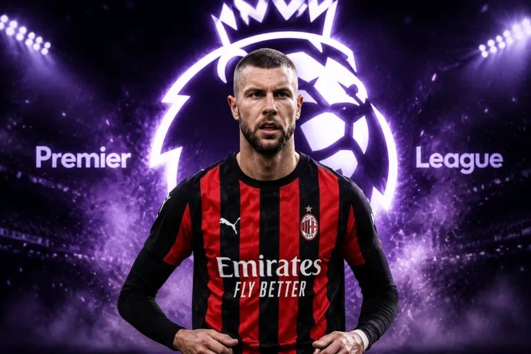 Pavlovic in maglia Milan con logo Premier League sullo sfondo