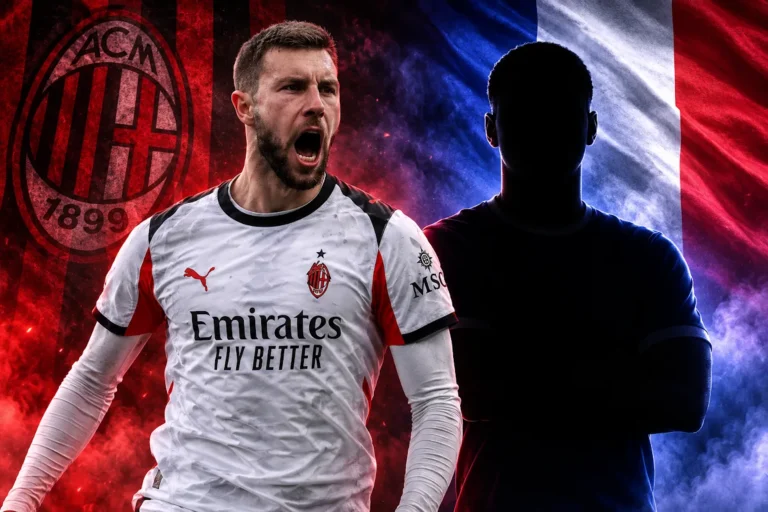 Pavlovic del Milan in maglia bianca con Emirates Fly Better accanto al suo nuovo vice francese
