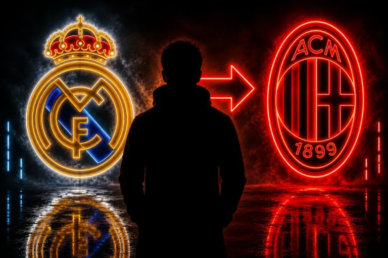 Silhouette di giocatore tra loghi neon di Real Madrid e AC Milan con freccia di trasferimento