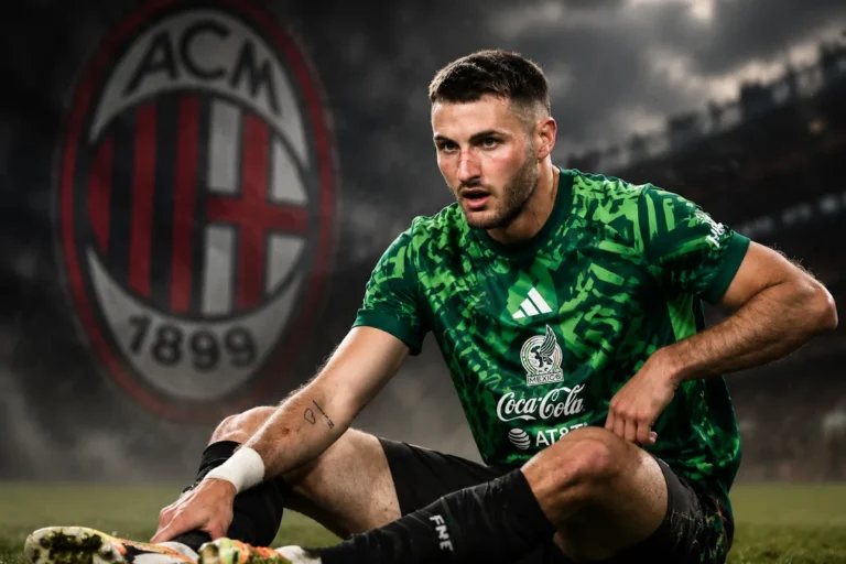 Santiago Giménez in maglia Messico durante l'allenamento, lo stemma dell'AC Milan sullo sfondo