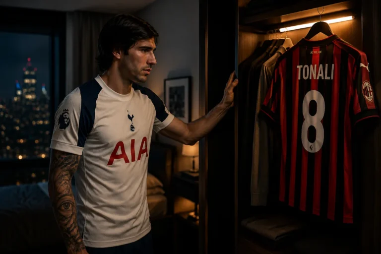 Tonali indossa la maglia del Tottenham mentre osserva la maglia del Milan numero 8 appesa