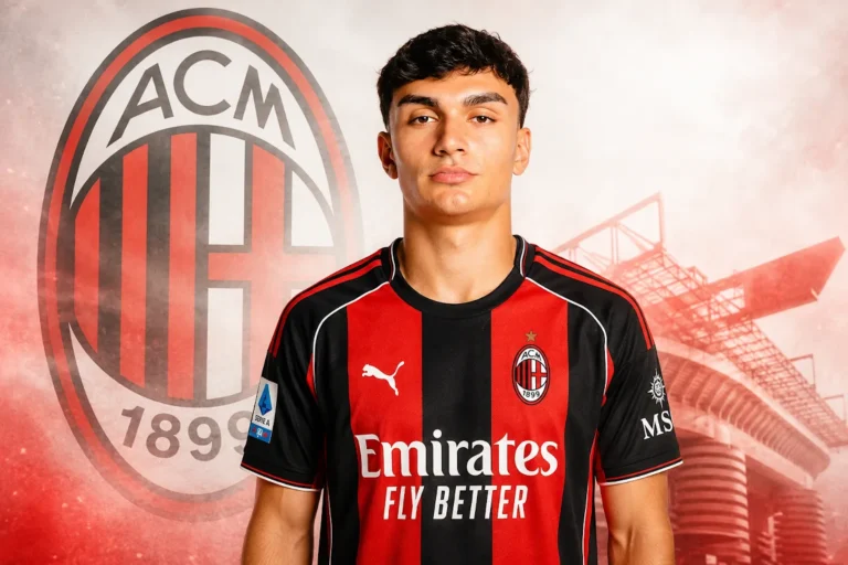 Uzun in maglia Milan, ritratto con lo stemma rossonero e lo stadio San Siro sullo sfondo