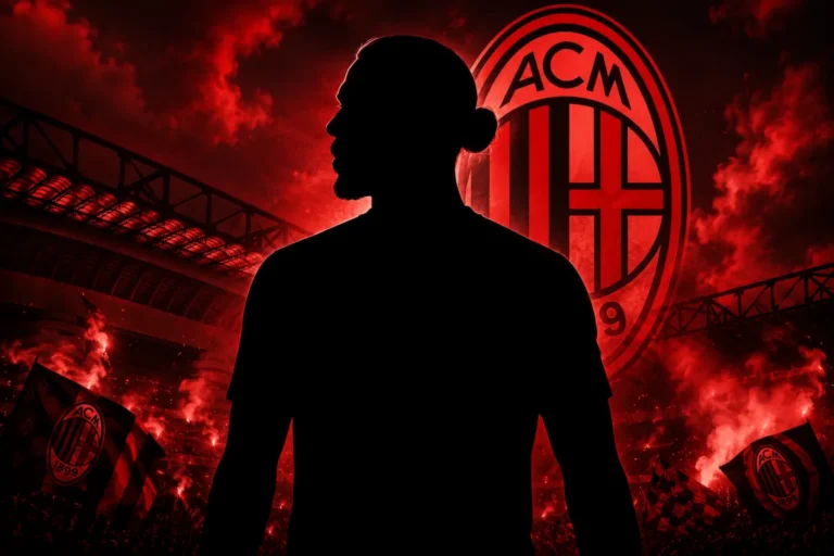 Silhouette di giocatore con lo stemma del Milan sullo sfondo dello stadio San Siro