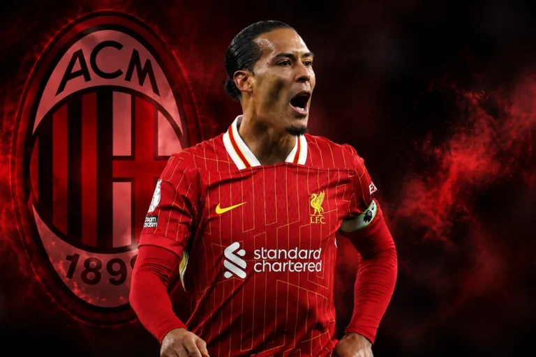 Van Dijk in maglia Liverpool con logo Milan sullo sfondo
