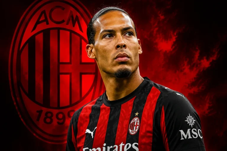 Virgil van Dijk in maglia Milan rossonera con stemma sullo sfondo