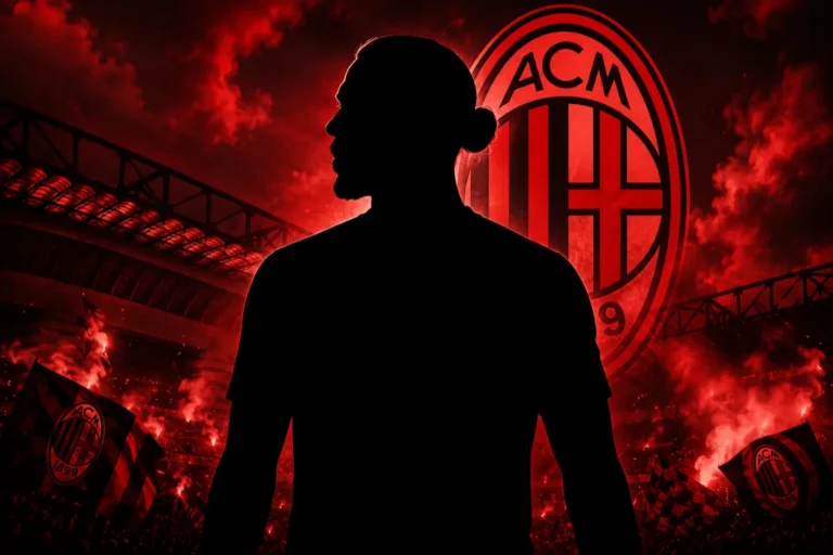 Silhouette di giocatore con stemma Milan e logo rossonero sullo sfondo dello stadio in atmosfera di mercato