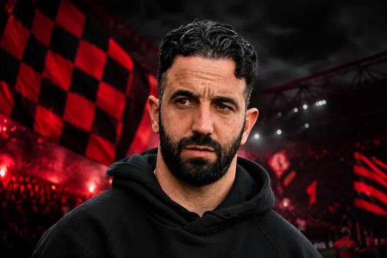 Ruben Amorim, allenatore del Milan, ritratto in primo piano con stadio illuminato e bandiere rosso-nere sullo sfondo