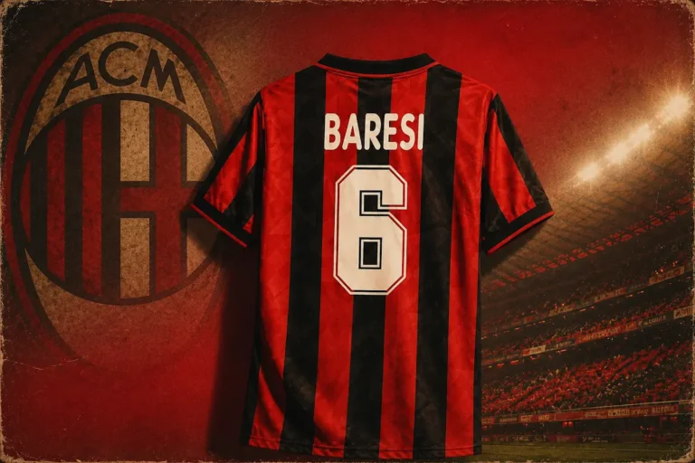 Maglia storica del Milan numero 6 Baresi con stemma ACM, tributo al capitano rossonero davanti allo stadio