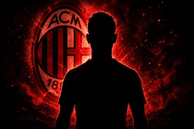 Silhouette di giocatore davanti al logo Milan con effetto fiamme rosso