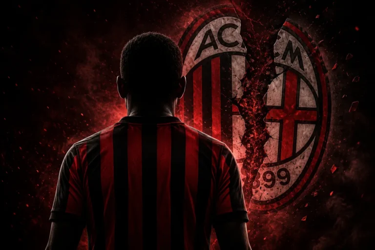 Giocatore Milan in maglia rossonera visto da dietro con logo AC Milan illuminato e effetti di fuoco
