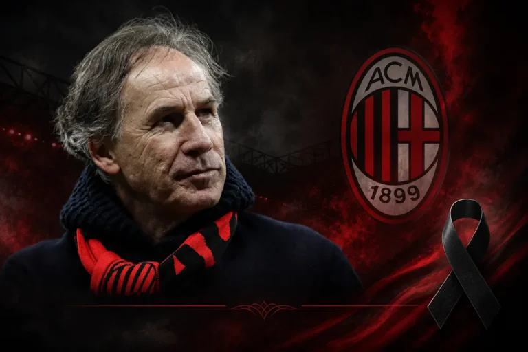 Franco Baresi, leggenda del Milan, in tributo con sciarpa rossonera e logo ACM sullo sfondo